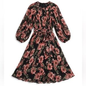 Boohoo Plus Black and Pink Floral Puff Sleeve Pleated Maxi Dress